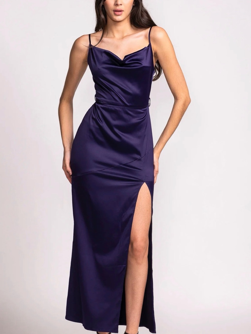 Pink Martini Satin Cowl-Neck Maxi Dress in Deep Purple